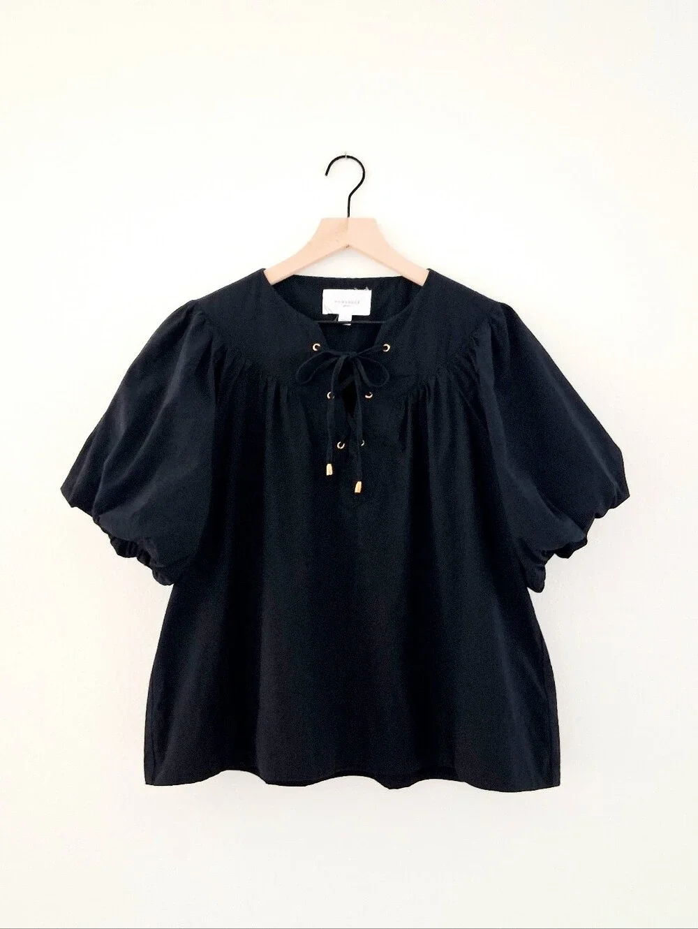 Tuckernuck Pomander Place Puff Sleeve Lace Up Front Cotton Stretch Blouse Black